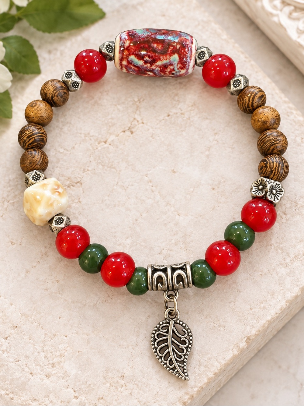 Boho Multicolor Beaded Stretch Bracelet Wood Ceramic Beads Leaf Charm